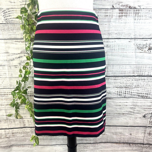Talbots Skirt size 10 Petite Navy Blue Pink Striped Knee A Line Stretch Modest - Picture 1 of 11